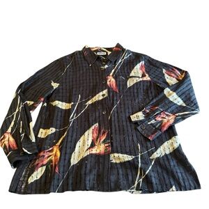 Chico's Black 100% Linen Floral Button Down Shirt
